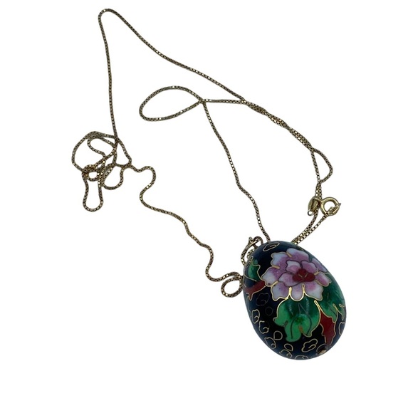 Vintage black Cloisonné black Easter egg shape long gold Sterling silver chain - Picture 1 of 13